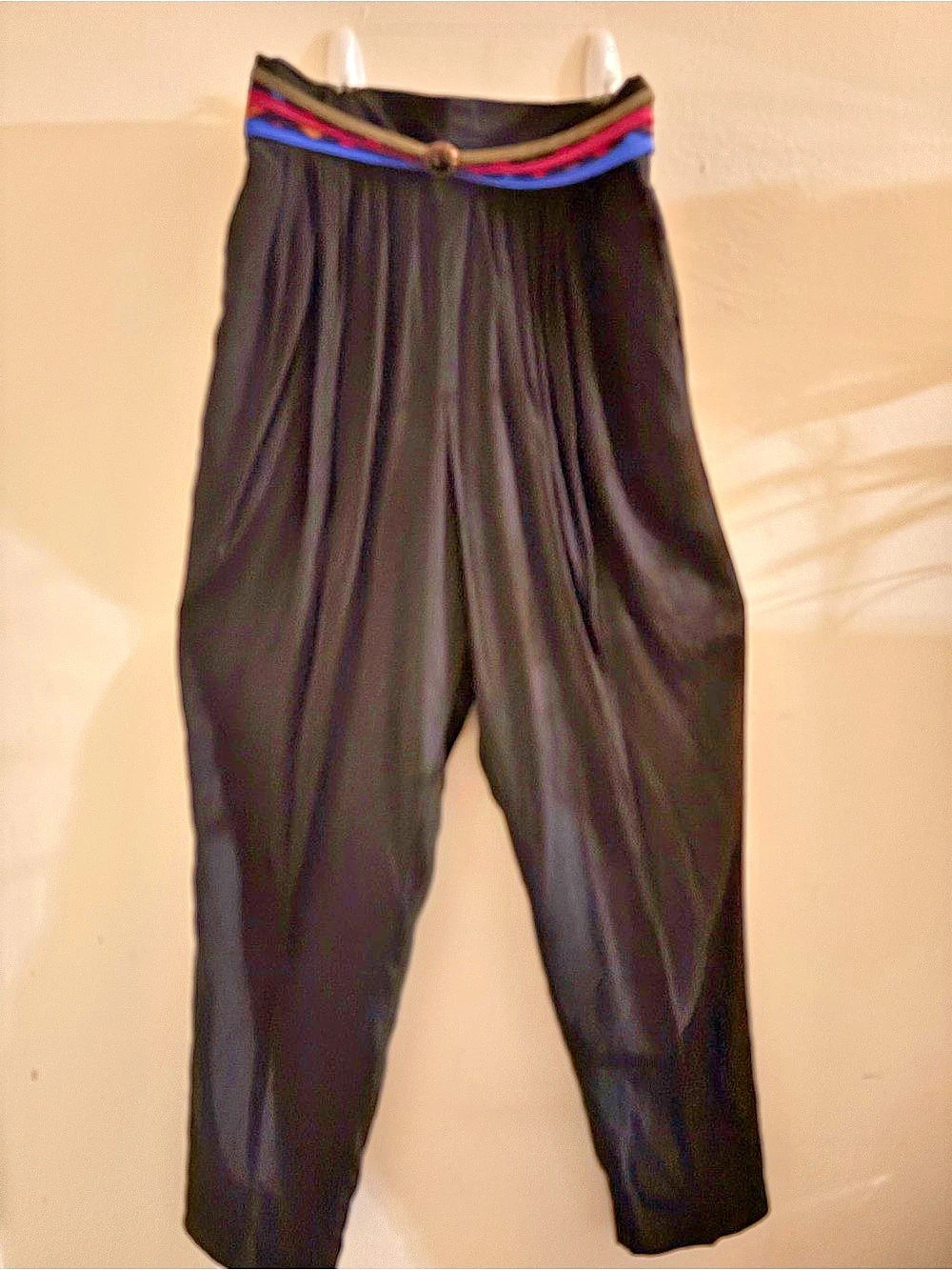 Vintage Christine David Black Pleated Pants Colorful Waistband Gold Button Size